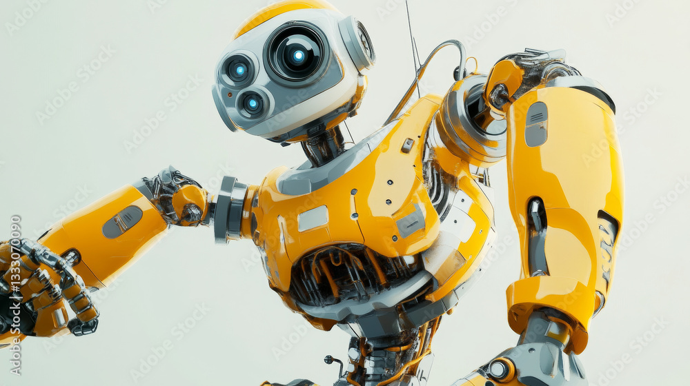 Poster yellow and gray friendly robot with a camera and claw arms, flying and hovering with rocket boosters