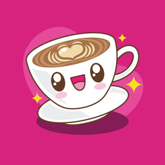 Hand drawn cute kawaii a cup of coffee cartoon illustration