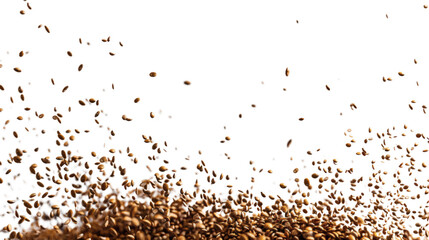 Flying brown cereal grains in motion isolated on a white background