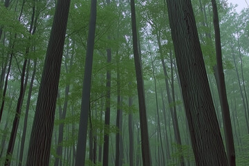 A dense forest with tall trees reaching towards the sky and a misty atmosphere creating depth and mystery
