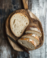 Sliced sourdough bread on a wooden board