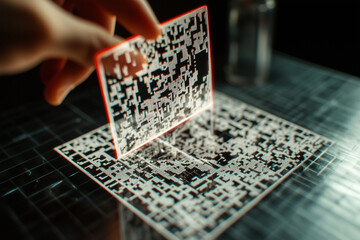 Hand holding qr code over larger qr code on grid surface in a dark and futuristic setting