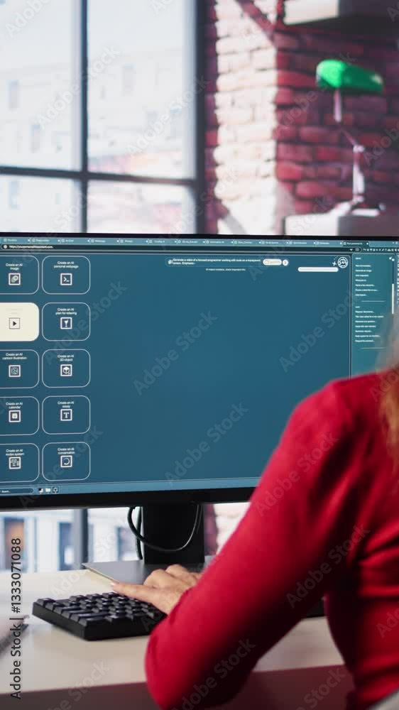 Fototapete vertical video technician employs ai chatbot on pc monitor and executing programming code. it freela