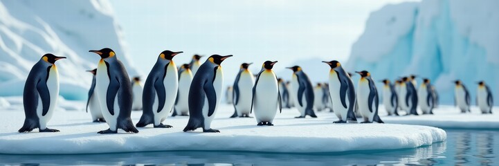 Obraz premium A charming scene of a group of penguins on an icy landscape, perfect for illustrating themes of nature, wildlife, and the environment.