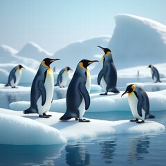 A charming scene featuring a group of penguins on ice, embodying the beauty of nature and wildlife in a serene, icy landscape.
