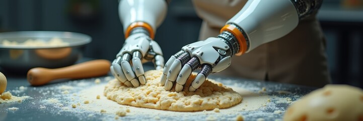 A robotic hand skillfully kneads dough, showcasing the intersection of technology and culinary arts in a modern baking environment.