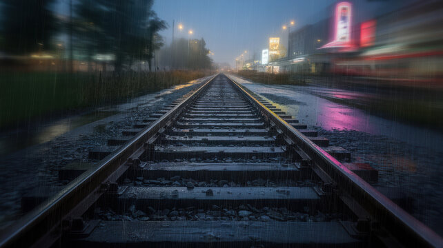 Moody Rainy Railway Tracks at Night with Blurred City Lights