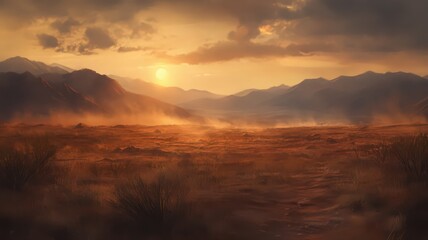 Hazy Desert Sunset Landscape with Orange and Red Hues