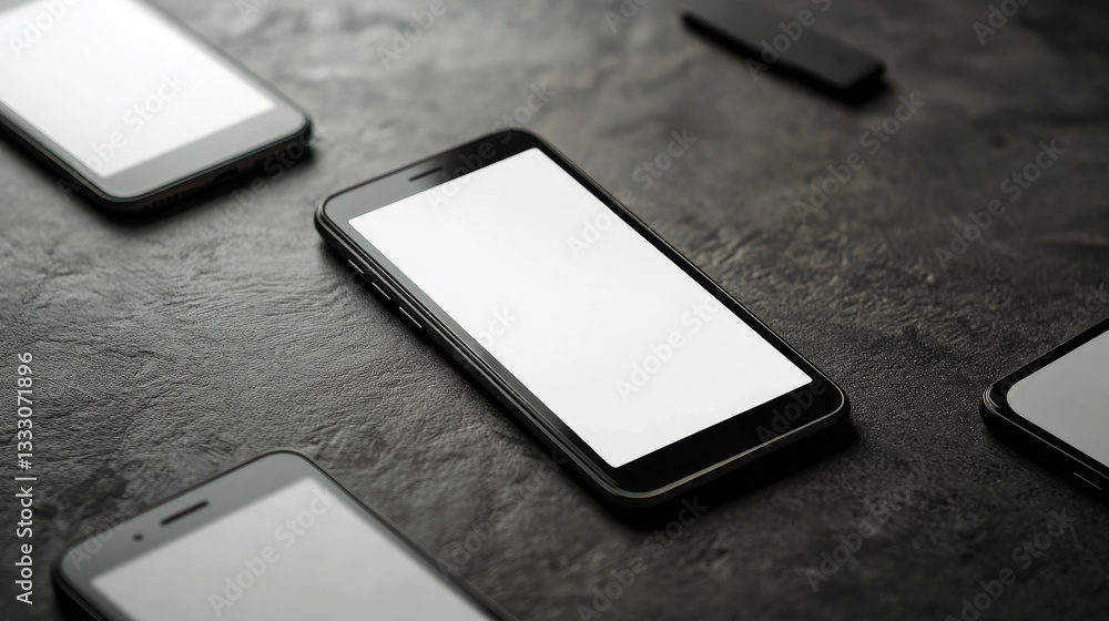 Aufkleber mobile phone mockup. realistic smartphone device with empty screen in lying and standing side and fr