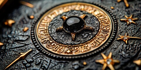 Obraz premium Detailed design of an ornate celestial compass adorned with intricate patterns and gemstones displayed on a textured black surface