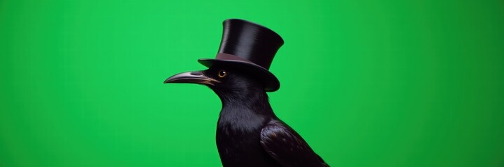 A whimsical raven wearing a top hat against a green background, perfect for creative projects, branding, and marketing campaigns.