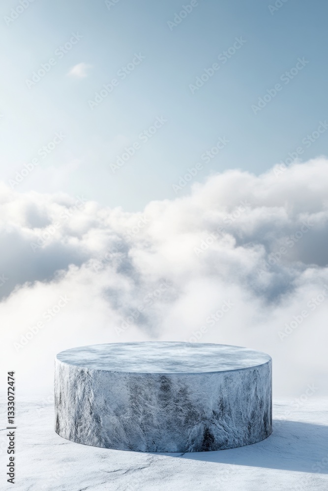 Poster elevated presentation platform against a serene backdrop of clouds and a clear sky