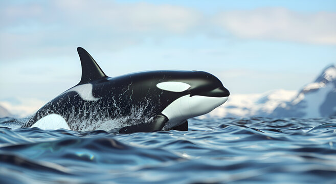 Orka płynąca w oceanie z g&oacute;rskim tłem &ndash; majestatyczny widok dzikiej przyrody