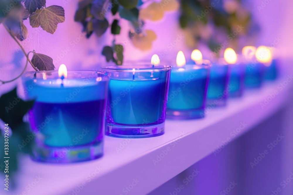 Poster lit candles on a shelf with a plant in the background create a warm ambiance.