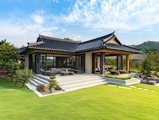 Obraz premium Modern Architectural Home Featuring Asian Style Design And Landscaping