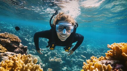 Naklejka premium A woman in a black wetsuit and goggles swims above colorful corals in clear water.
