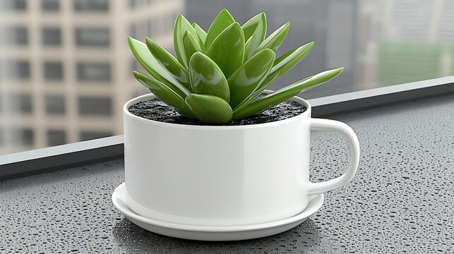 Vibrant Green Succulent in White Teacup on City Window Ledge