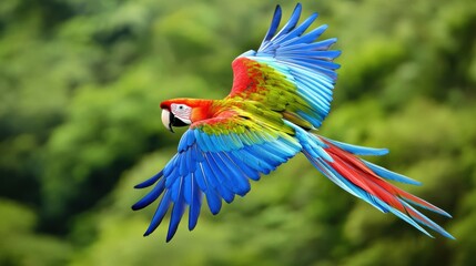 Colorful scarlet macaw in flight lush green jungle wildlife photography vibrant environment aerial view nature beauty