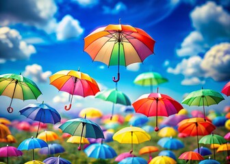Obraz premium Vibrant Colorful Umbrellas Floating in a Blue Sky - Tilt-Shift Miniature Effect
