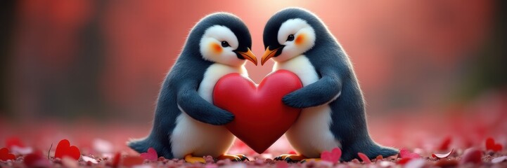 Adorable penguins sharing a heart, symbolizing love and affection, perfect for Valentines Day, weddings, or romantic themes in marketing.