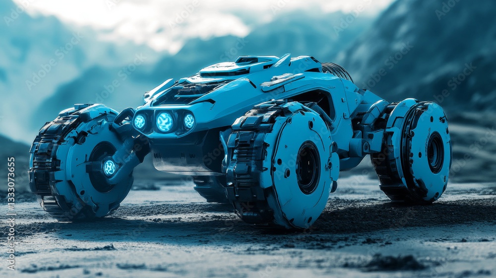 Poster modern blue robot with tank tracks moving forward, featuring a futuristic design and advanced techno