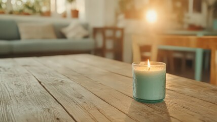 Teal Candle Burning on Rustic Wooden Coffee Table in Sunlit Living Room
