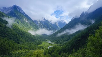 Obraz premium Scenic valley view with a winding river flowing through the center.