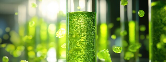 Green liquid in test tubes, laboratory setting, bubbling action
