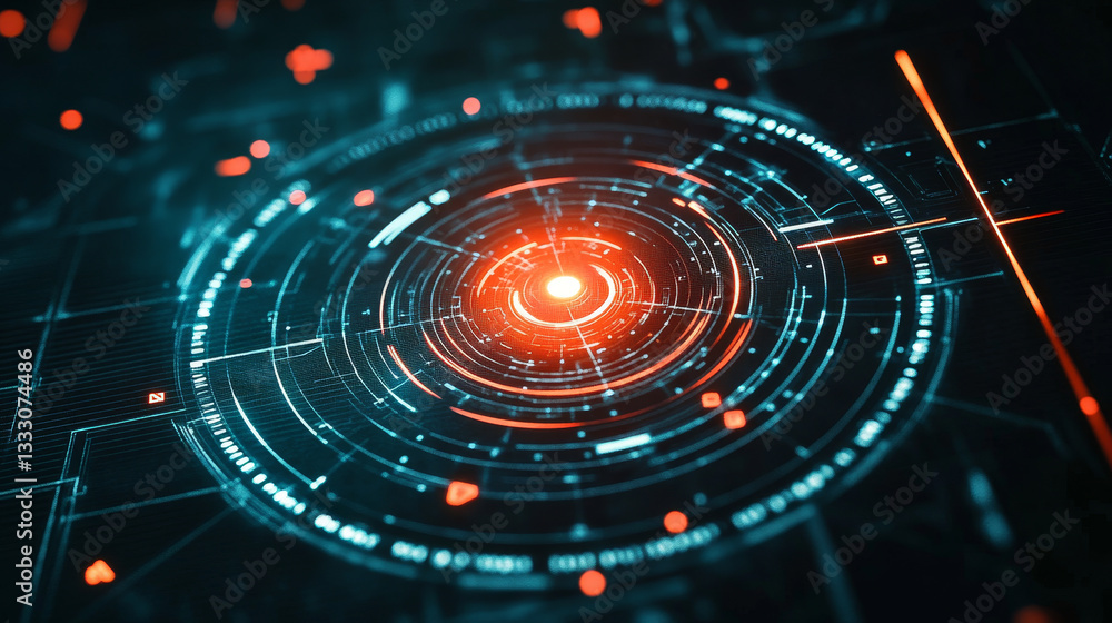 Poster hud target. futuristic game interface framing for target focus, lock and aiming, sci-fi shooter game