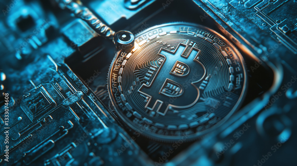 Poster futuristic metallic key with electric circuits and bitcoin logo unlocking cryptocurrency padlock, en
