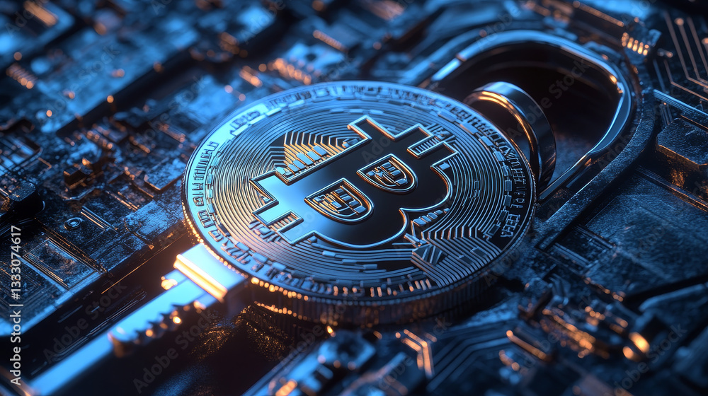 Poster futuristic metallic key with electric circuits and bitcoin logo unlocking cryptocurrency padlock, en