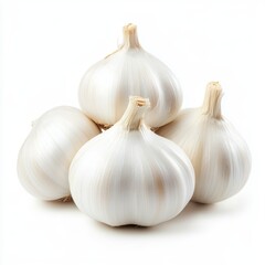Obraz premium Fresh garlic bulbs displayed on a white background, showcasing their natural texture and color.