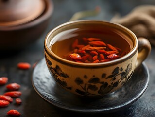 A beautifully handcrafted cup of herbal tea, featuring goji berries floating on the surface. Perfect for promoting wellness and relaxation, this warm beverage invites tranquility.