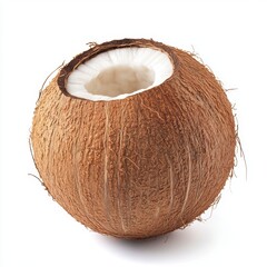 Half-open coconut rests on a white surface, revealing its inner texture and contents.
