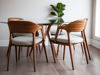 Eleganter Esstisch mit modernen Stühlen und Blumenarrangement im Raum

