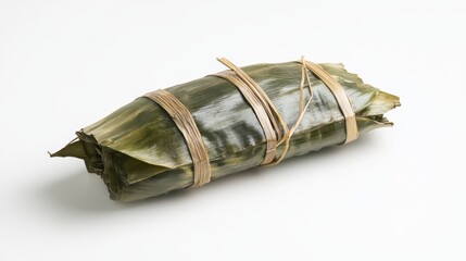 A banana leaf is wrapped around a wrap placed on a white surface.