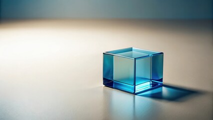 A minimalist blue glass cube with a subtle refraction pattern, creating a sense of calmness and serenity in the image, set against a neutral background , refraction, calming atmosphere