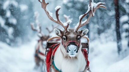 Reindeers walk through snow, pulling a sleigh in a winter landscape.