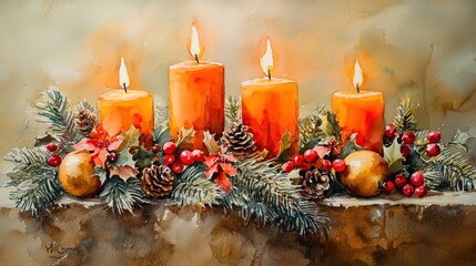 Watercolor Christmas Advent Wreath with Burning Candles and Holiday Ornaments
