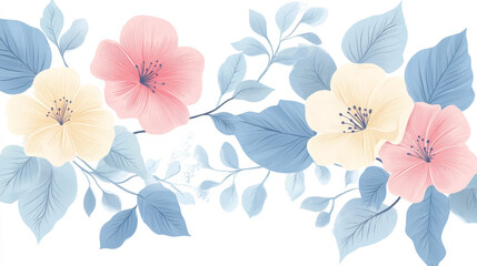 Three pastel colored flowers and leaves are arranged together, creating a delicate and beautiful floral arrangement, perfect for adding a touch of elegance to any design