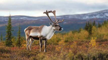 Fototapeta premium A reindeer stands in a field with mountains towering in the background.