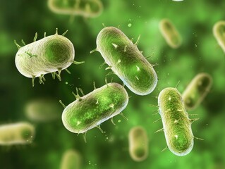 Obraz premium Microscopic green bacteria in vibrant blurry background. Medical illustration