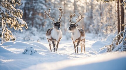 Obraz premium Two reindeers stand in the snowy woods, surrounded by trees and winter scenery.