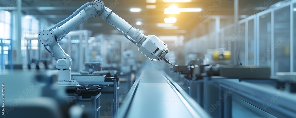 Aufkleber a close-up shot of an industrial robotic arm performing automated tasks in a modern factory, showcas