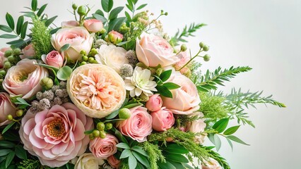 Pastel pink floral arrangement with intricate details and lush green foliage