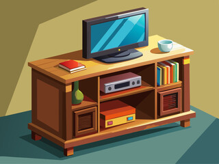 vector of small wooden TV stand with two open compartments and a flat top. It has space for a television, a DVD player, or other small devices.