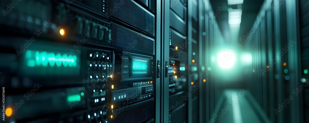 Poster a close-up view of high-tech server racks in a data center, showcasing illuminated panels and a slee
