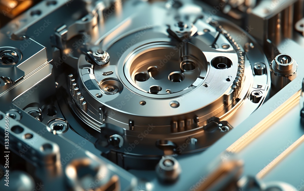 Poster a close-up view of intricate mechanical components, showcasing finely detailed gears and metal surfa