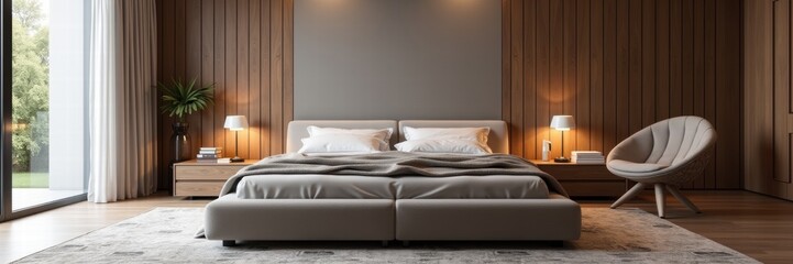 Modern bedroom interior featuring a cozy bed, stylish furniture, and natural light. Perfect for interior design, real estate, or home decor promotions.