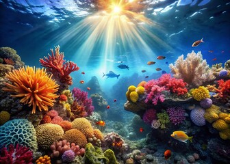 Naklejka premium Vibrant Coral Reef Underwater Scene with Sun Rays - Stock Photo